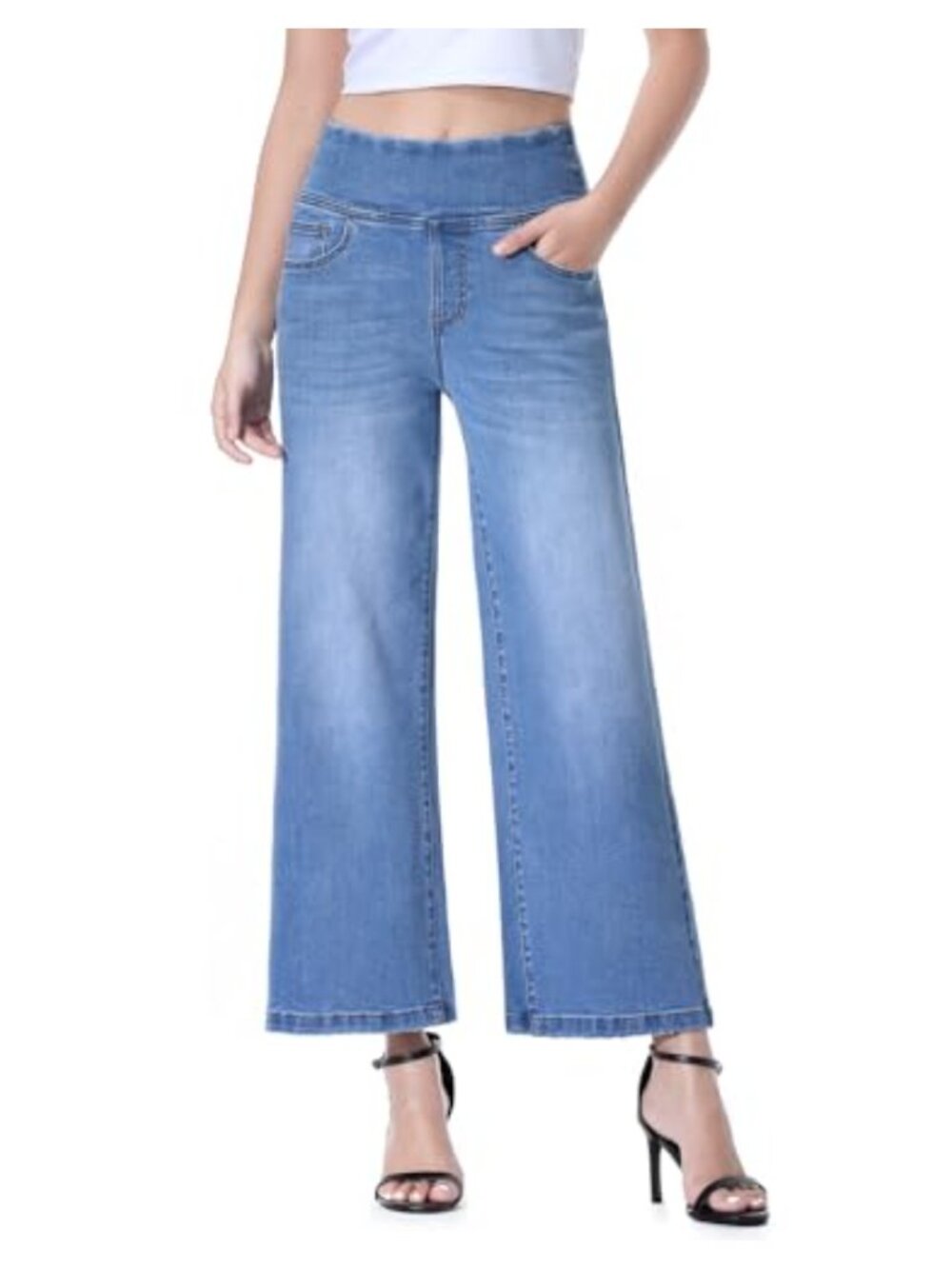 Wide Leg Capri Jeans High Waisted Pull On Tummy Control Stretchy Cropped Denim